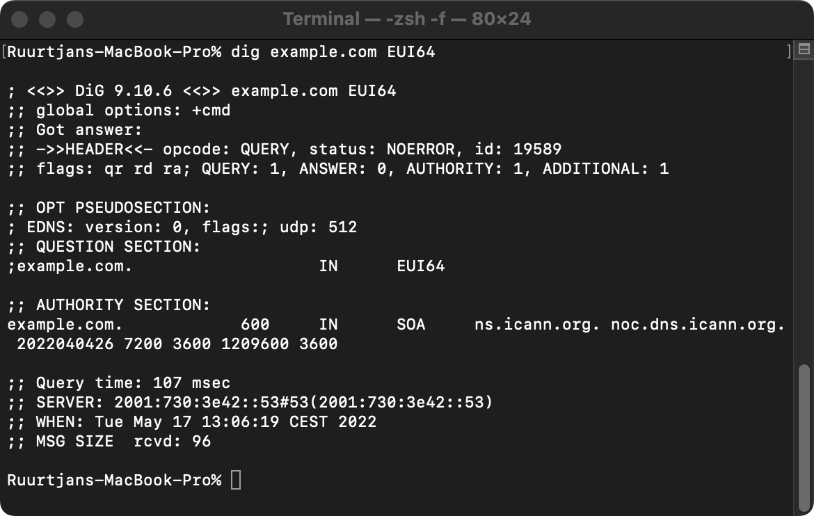 Example output of a EUI64 lookup query