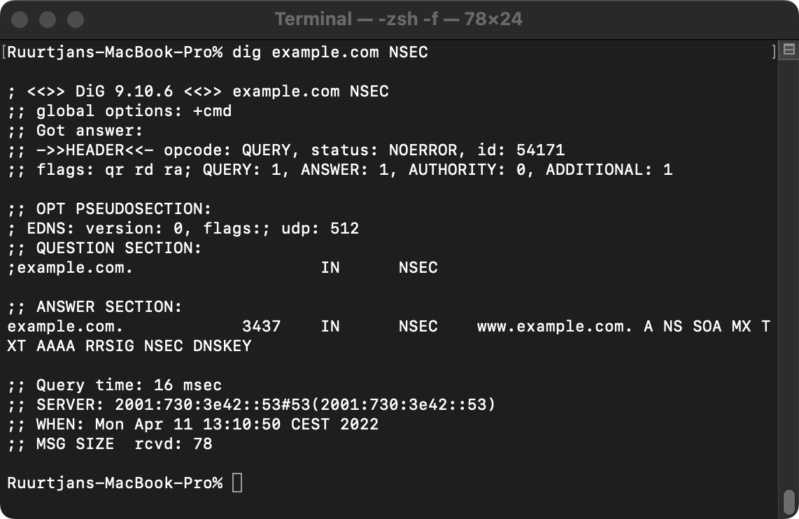 Example output of a NSEC lookup query