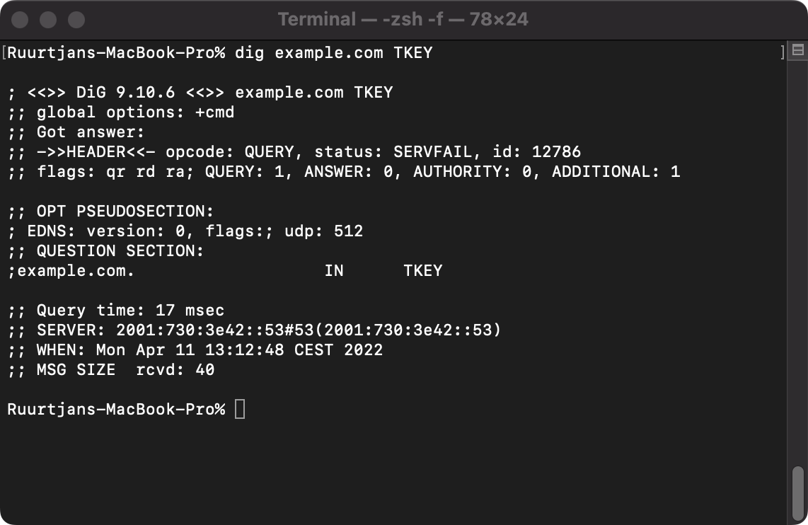 Example output of a TKEY lookup query